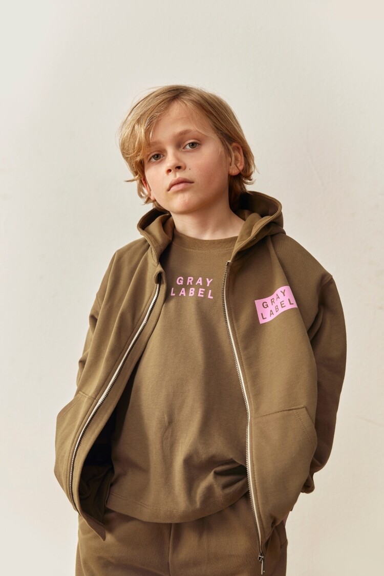 Gray Label Logo Hooded Cardigan w/ Zip GOTS - Woody - Bubblegum