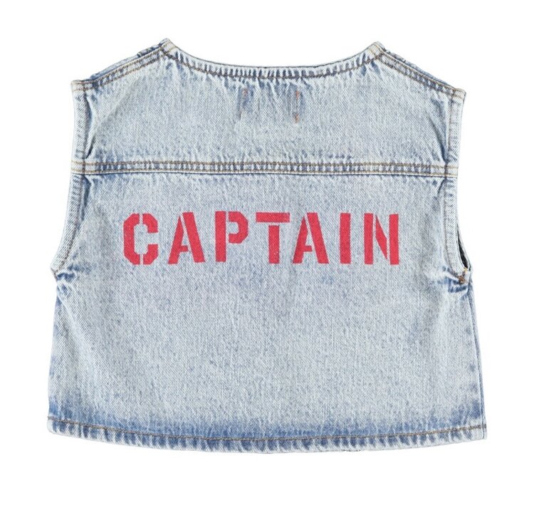 Piupiuchick waistcoat | fadded light blue denim w/ "captain" print