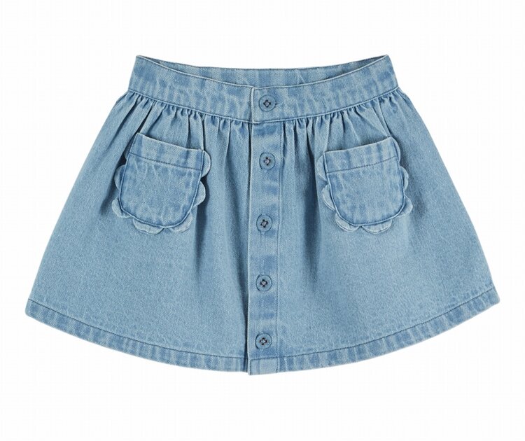 Emile et Ida Jupe Denim Poches Fleurs - Bleu Delave