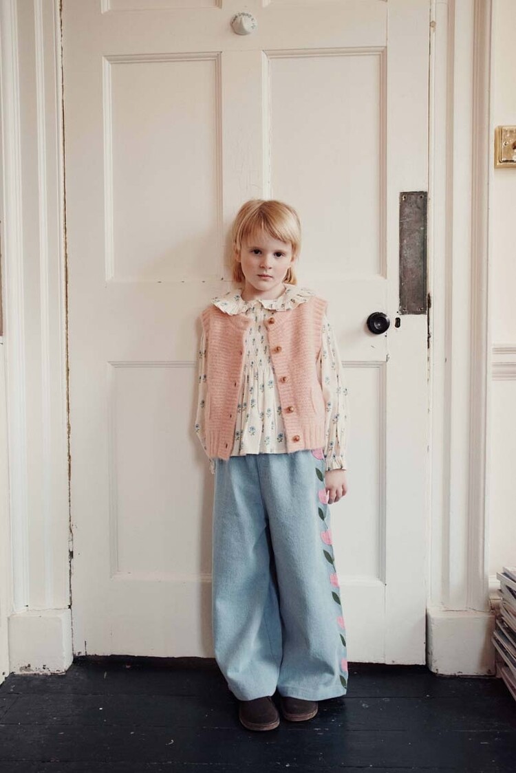 Emile et Ida Pantalon Denim Brode Tulipe - Bleu Delave