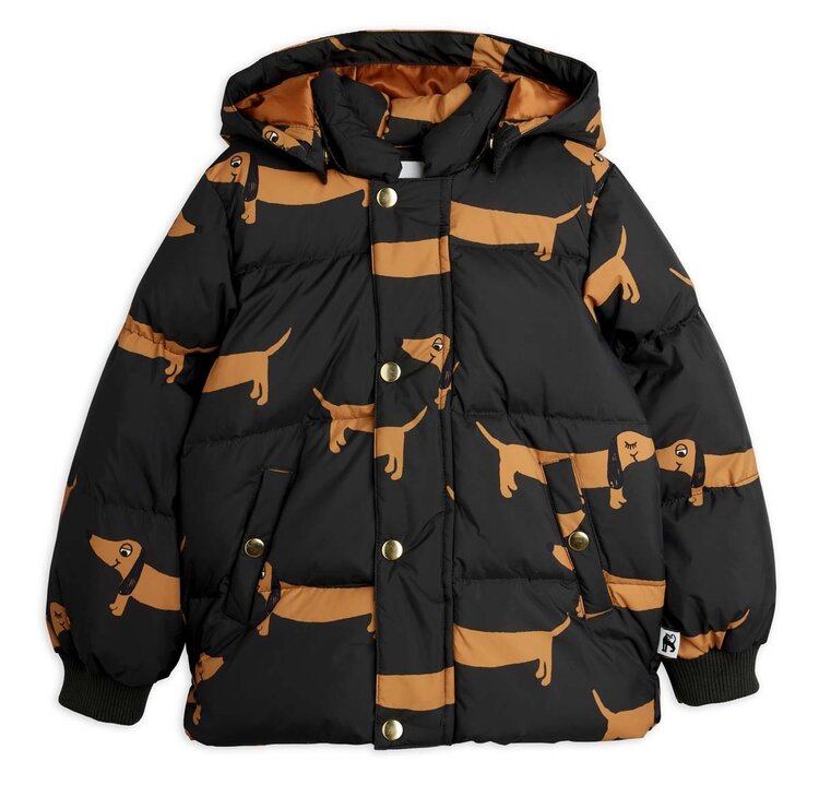 Mini Rodini Dog aop hooded puffer - black