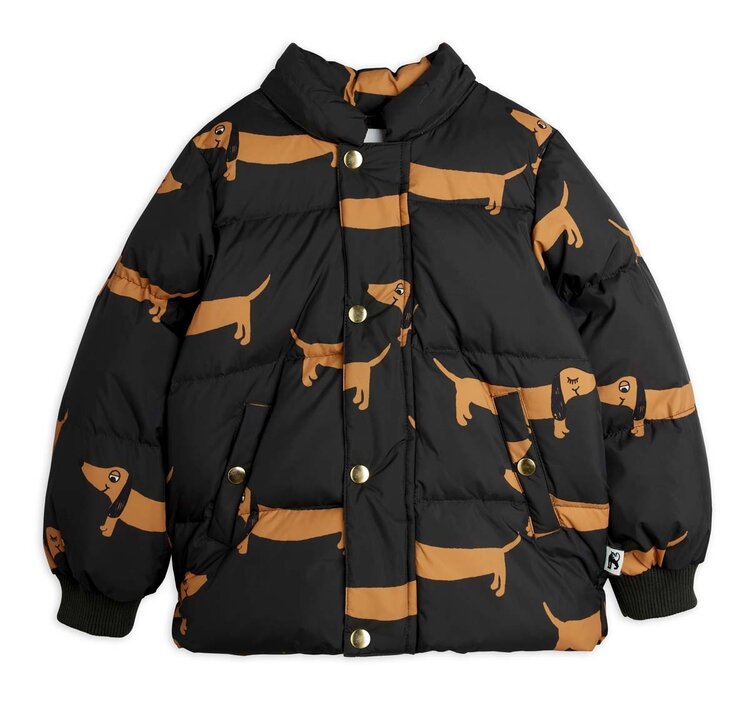 Mini Rodini Dog aop hooded puffer - black