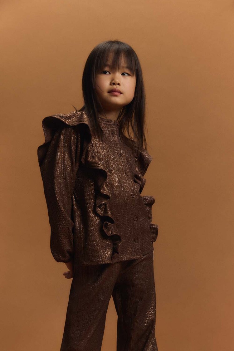 ALIX Knitted shiny ruffle blouse - warm brown