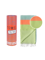 Towel to Go NEON strand- en zwembadhanddoek | Turkse hamamdoek | Gerecycled katoen | Groen - Blauw, met gerecyclede geschenkdoos