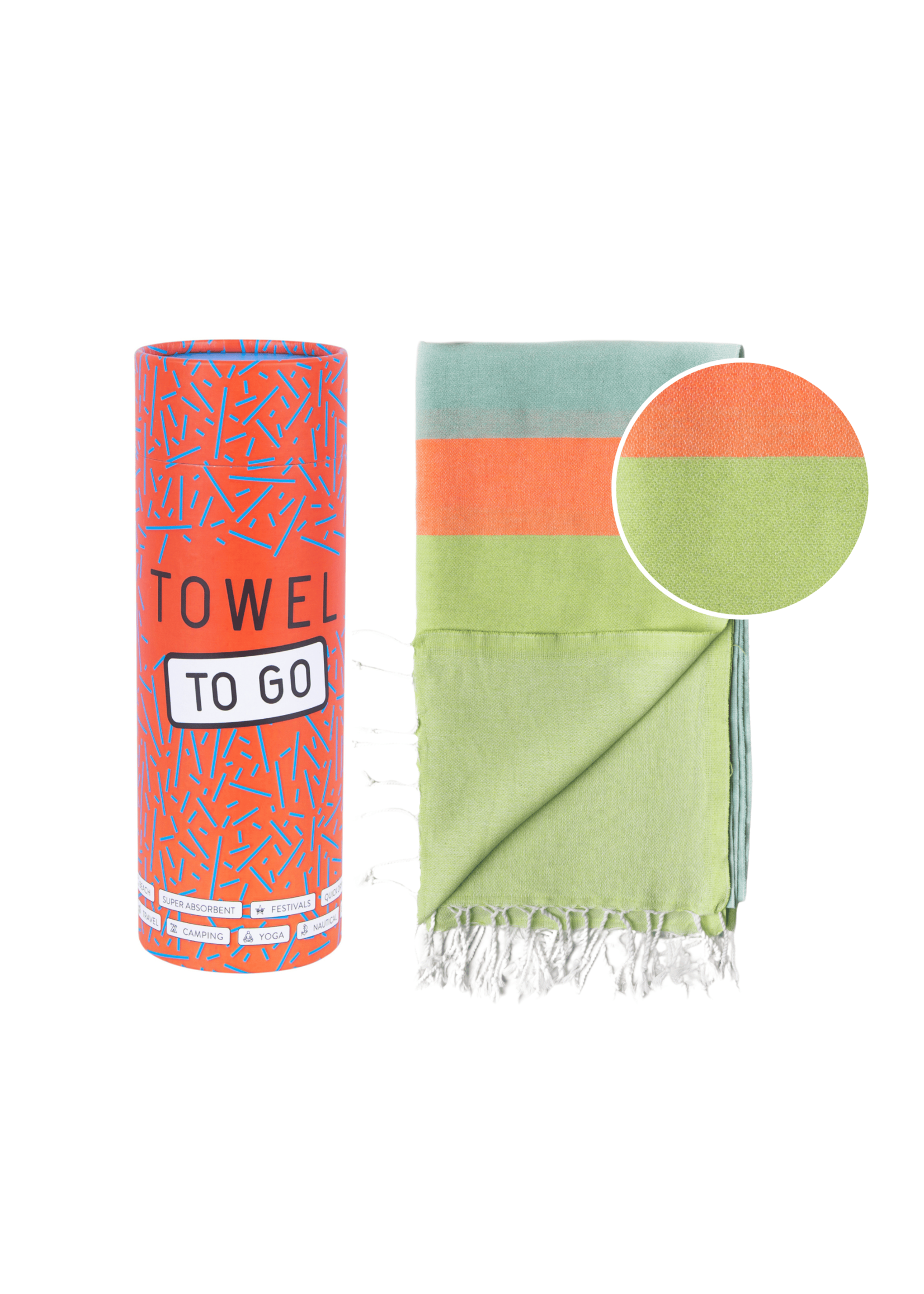 Towel to Go NEON Beach & Pool Towel | Turkish Hammam Towel | Recycled Cotton | Green - Blue, with Recycled Gift Box