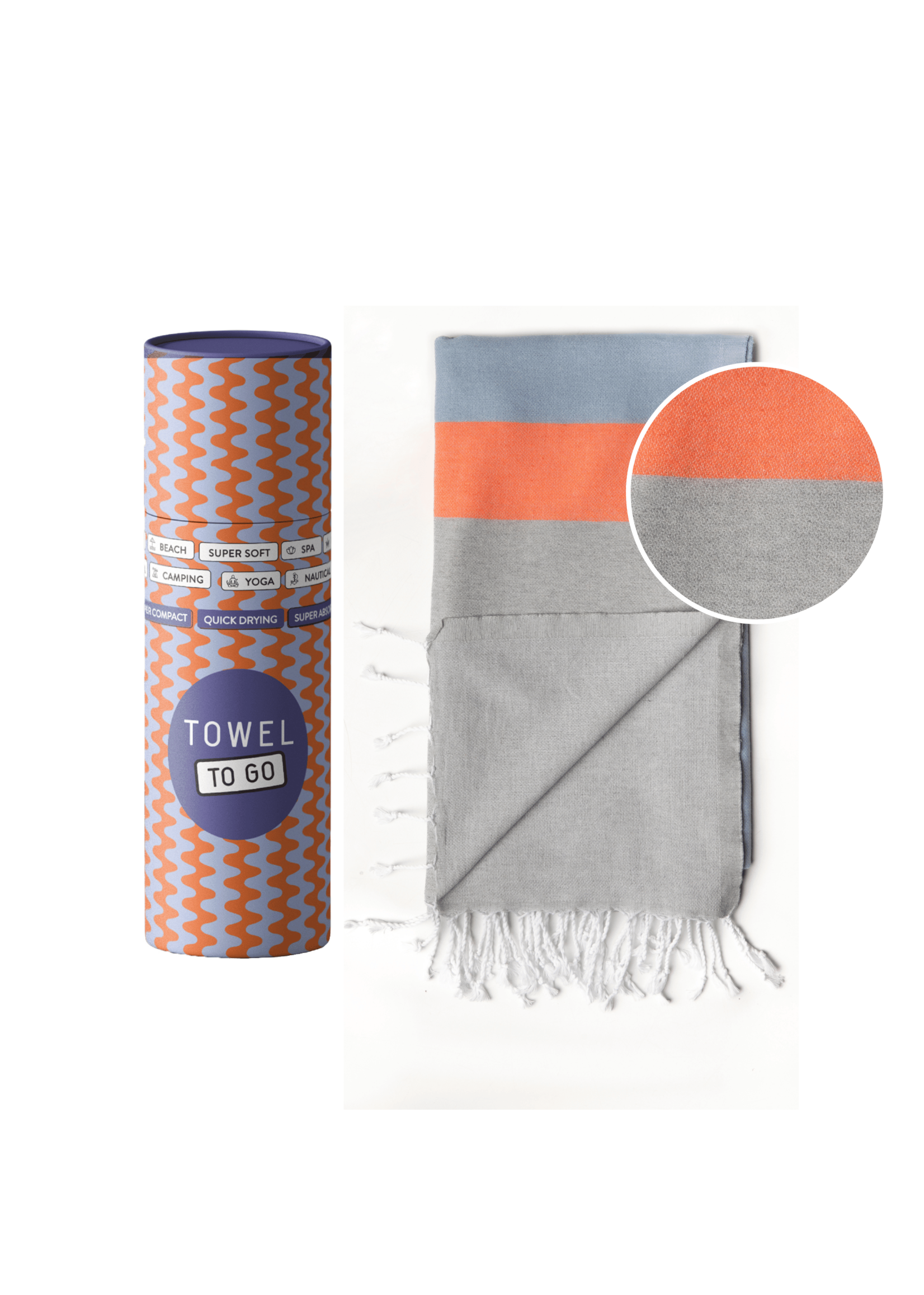 Towel to Go NEON Beach & Pool Towel | Turkish Hammam Towel | Recycled Cotton | Blue - Grey, with Recycled Gift Box