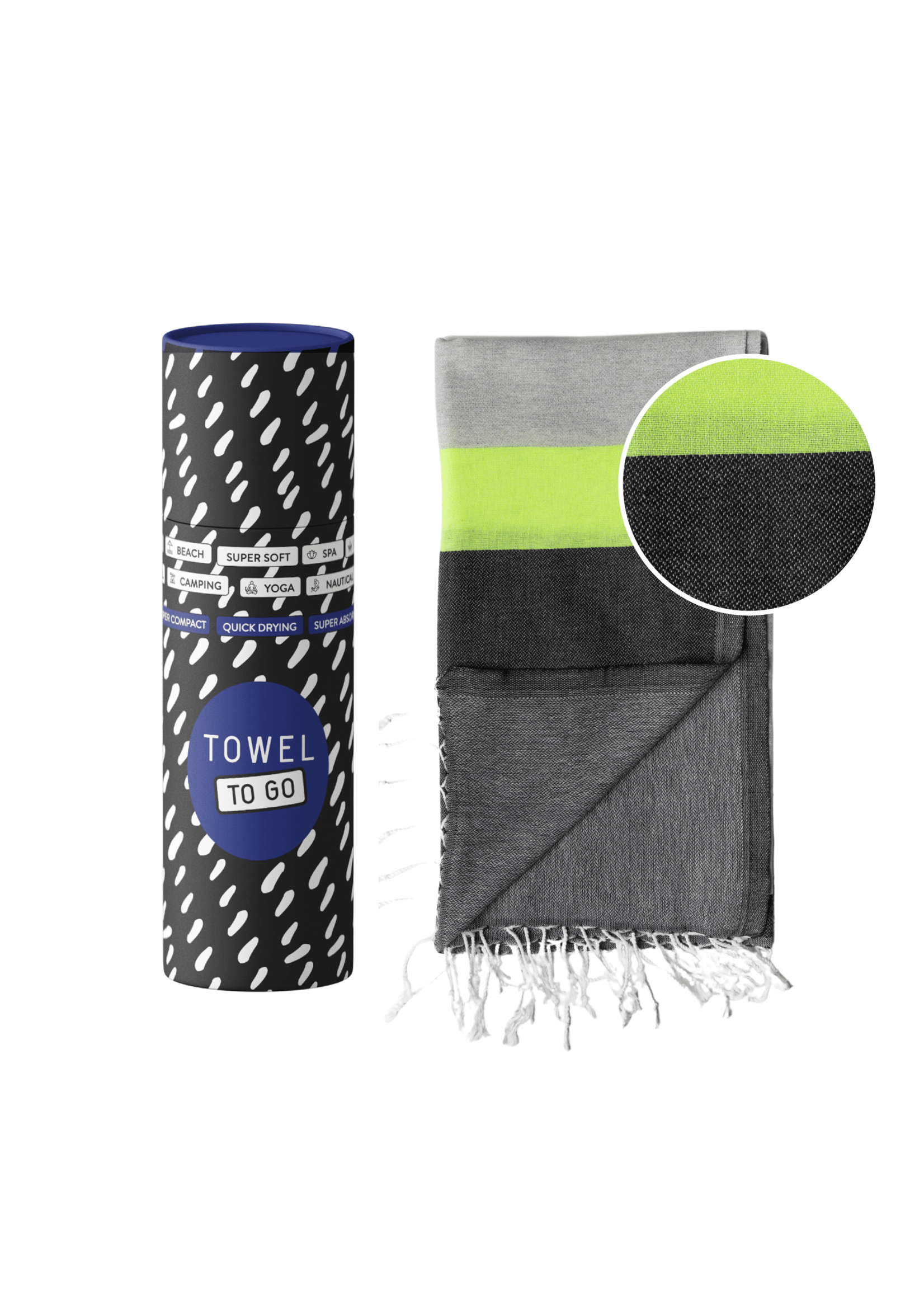 Towel to Go NEON Beach & Pool Towel | Turkish Hammam Towel | Recycled Cotton | Grey - Black, with Recycled Gift Box