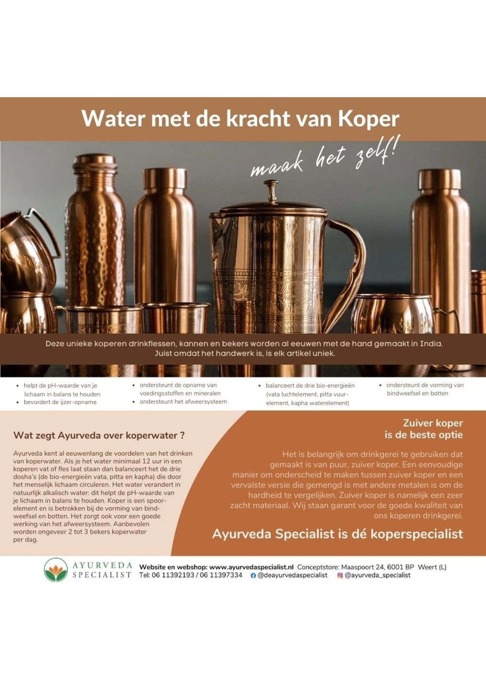 Ayurveda Specialist Puur Koperen Waterfles Gehamerd - 1 liter