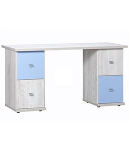 BEUK 58 x 140 - 71cm Hoog - Bureau Met Opberg - Licht Grijs Hout / Blauw Deuren - Son
