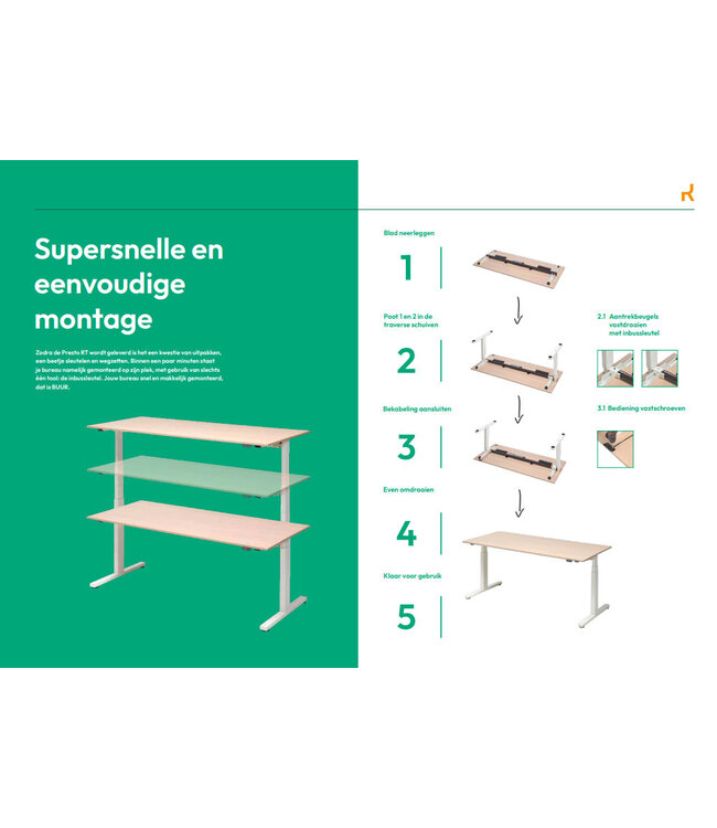 VEPA Presto R  -  Verstelbaar bureau - 180x80 - Eiken Whitewash - Zwart frame (Nederlands Product - BUUR Collectie)