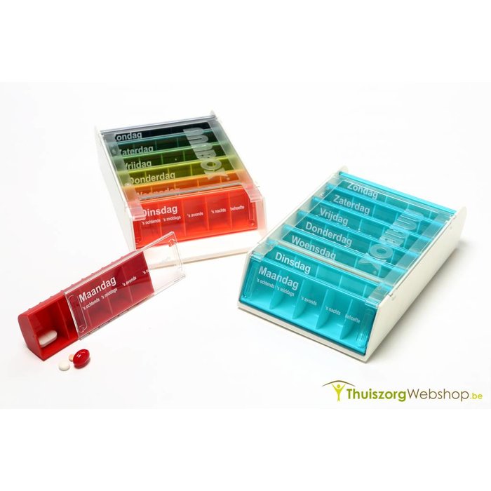 Pill box for 1 week with 5 compartments per day - NL or FR - 1 color or several