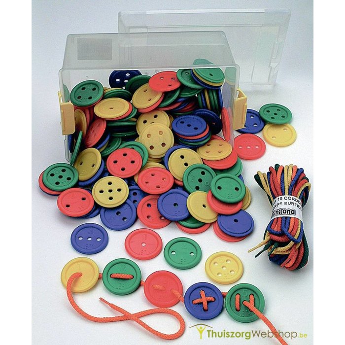 Button counting, threading and sorting set with 140 buttons and 10 lacing laces