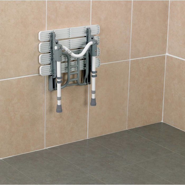 Shower seat with wall mounting and floor support