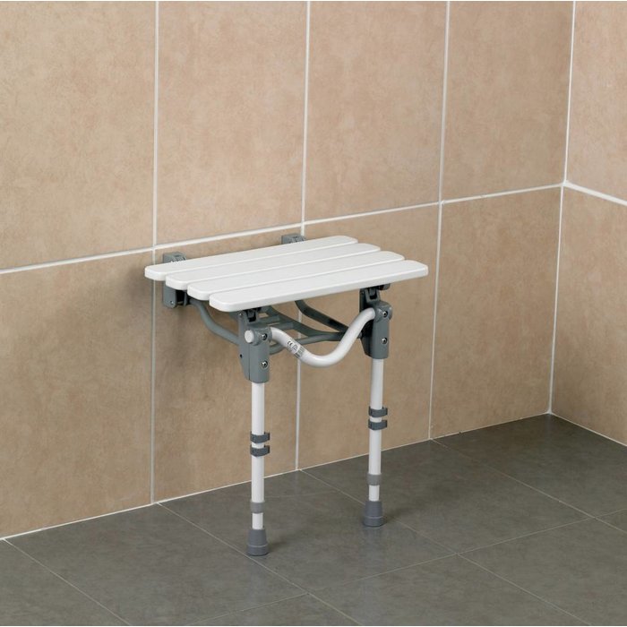 Shower seat with wall mounting and floor support
