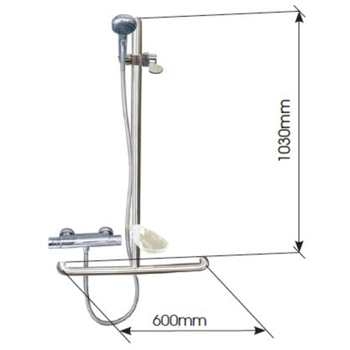 Stainless steel wall bracket in T-shape with shower head and connection hose