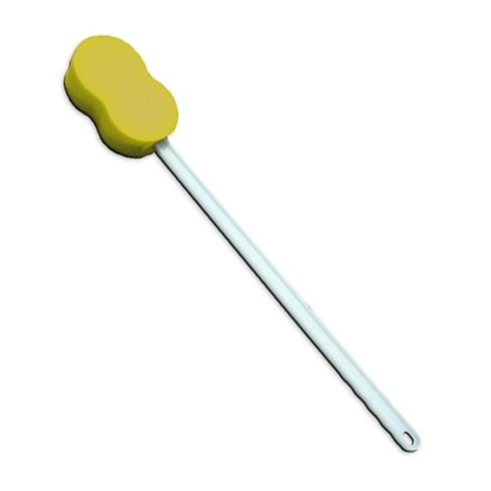 Bath sponge on white bendable plastic handle