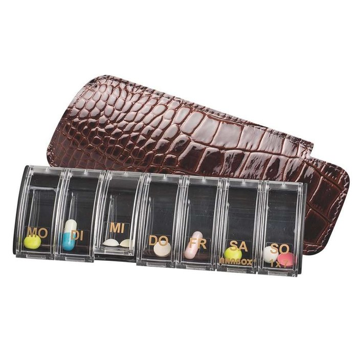 Luxury pill box with leather pouch - Anabox for 1 week, 1 compartment / day