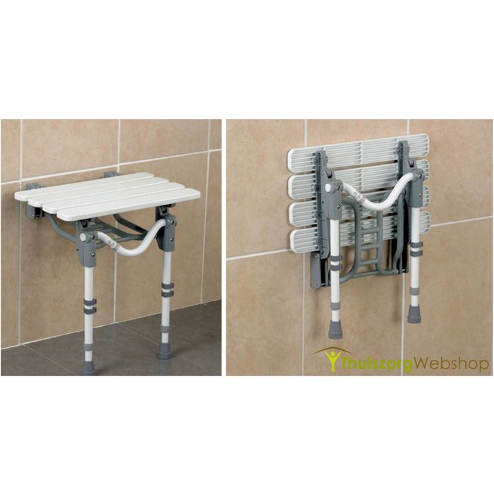 Shower seat with wall mounting and floor support