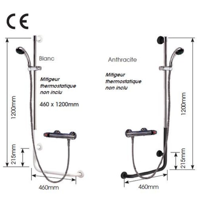 Support mural en forme de L avec pomme de douche et flexible de raccordement