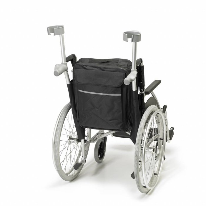 Storage bag for the back of the wheelchair with walking stick pockets