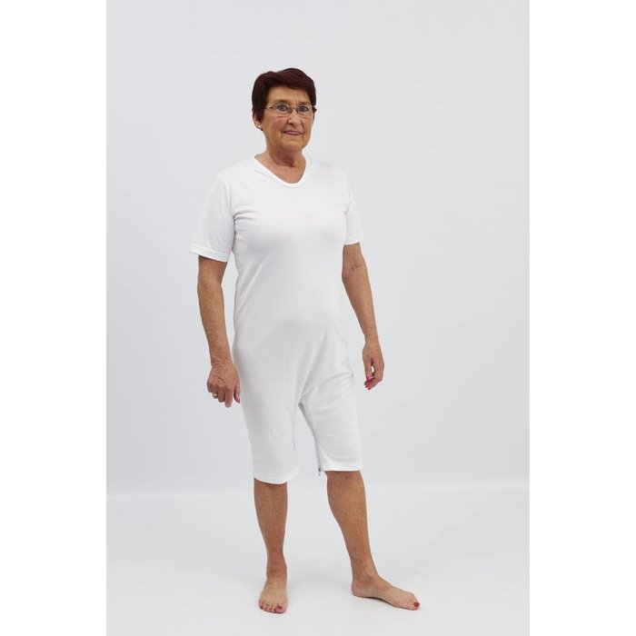 White body with short legs, short sleeves, zip fastening at the back and between the legs