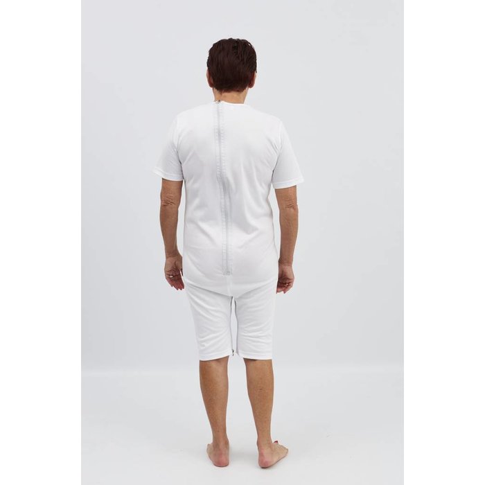 White body with short legs, short sleeves, zip fastening at the back and between the legs