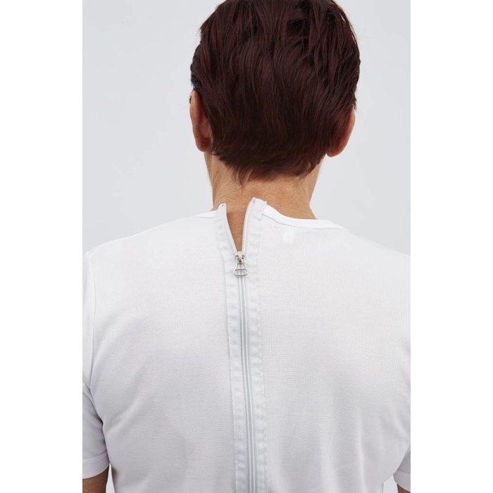 White body with short legs, short sleeves, zip fastening at the back and between the legs
