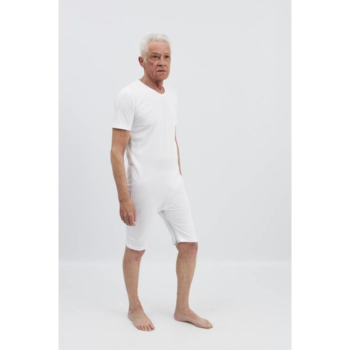 White body with short legs, short sleeves, zip fastening at the back and between the legs