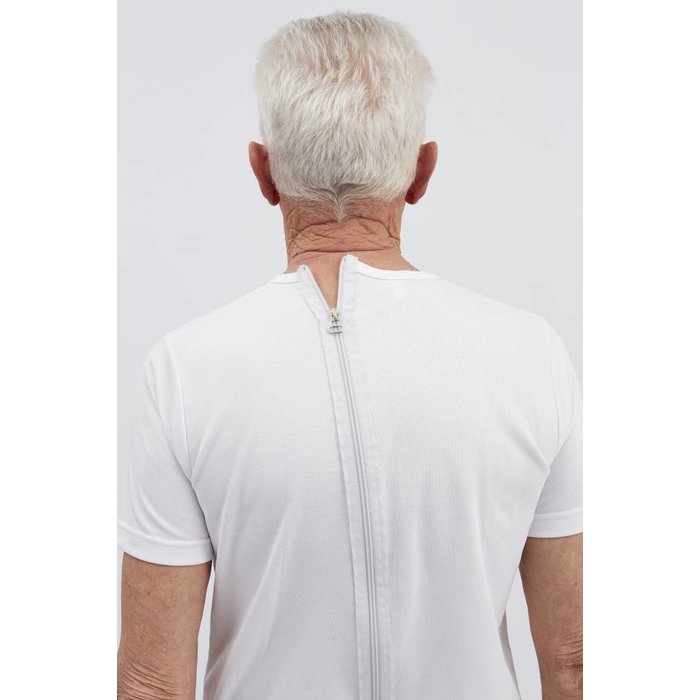White body with short legs, short sleeves, zip fastening at the back and between the legs