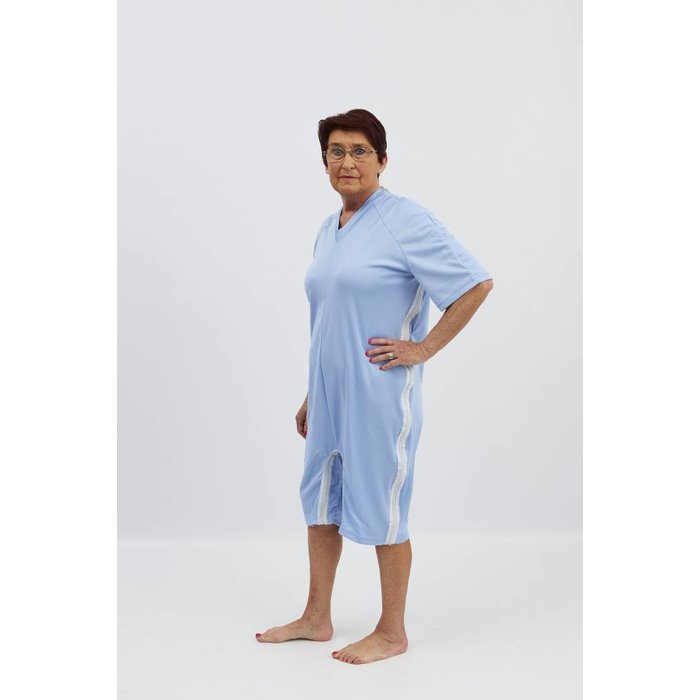 Light blue body with zip fastening via the shoulder to the side seam and between the legs