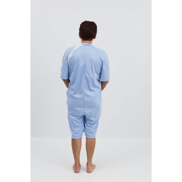 Light blue body with zip fastening via the shoulder to the side seam and between the legs