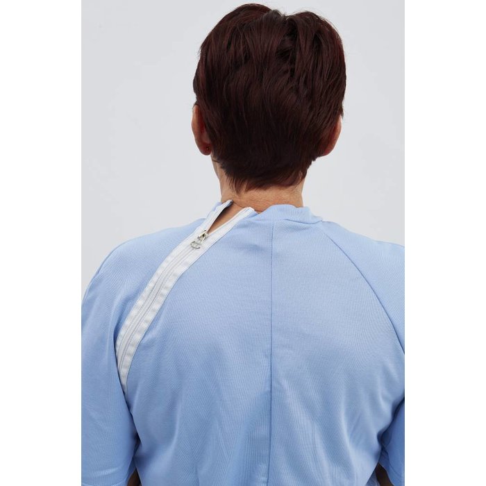 Light blue body with zip fastening via the shoulder to the side seam and between the legs