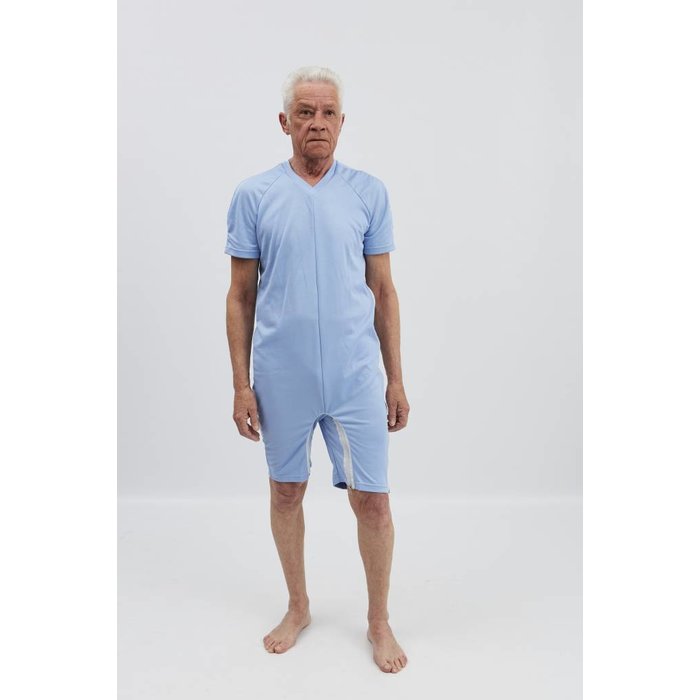 Light blue body with zip fastening via the shoulder to the side seam and between the legs