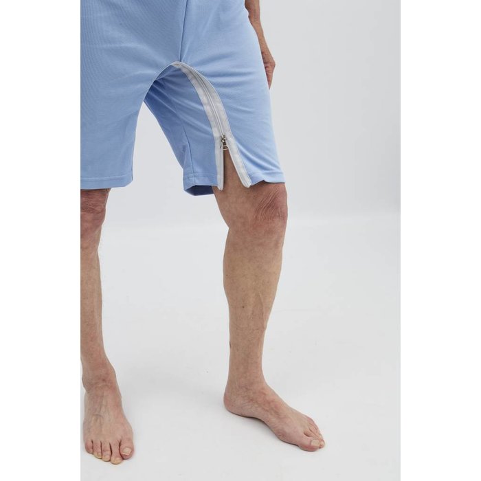 Light blue body with zip fastening via the shoulder to the side seam and between the legs