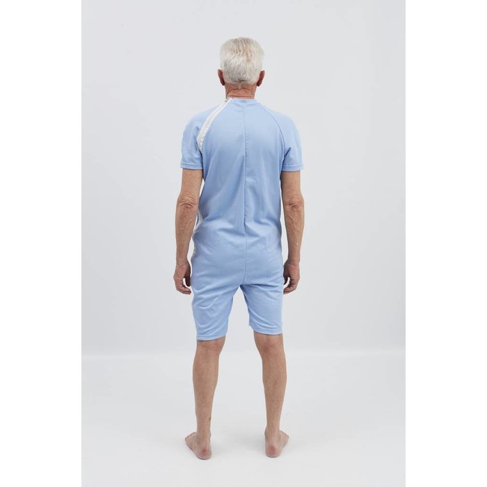 Light blue body with zip fastening via the shoulder to the side seam and between the legs