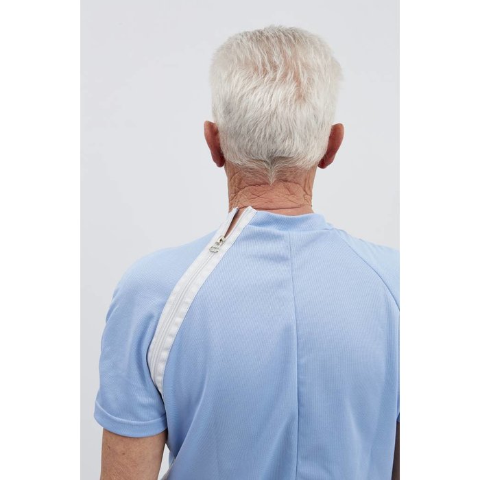 Light blue body with zip fastening via the shoulder to the side seam and between the legs
