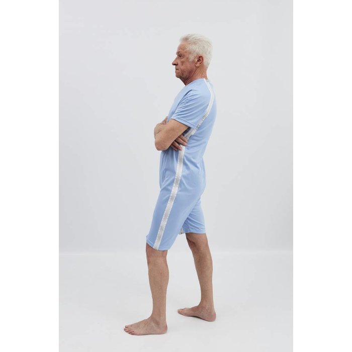 Light blue body with zip fastening via the shoulder to the side seam and between the legs
