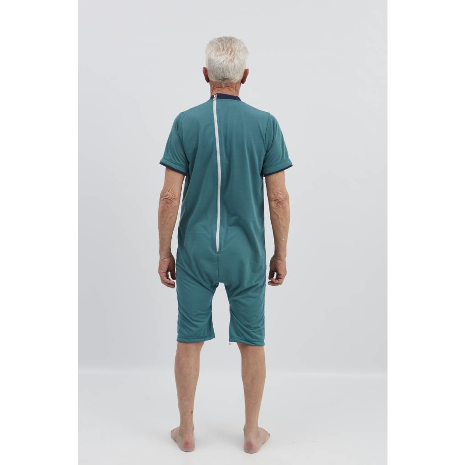 Normann Care Herenoverall met korte mouwen, pyjama met lange pijpen en ritssluiting op de rug, blauw, XS