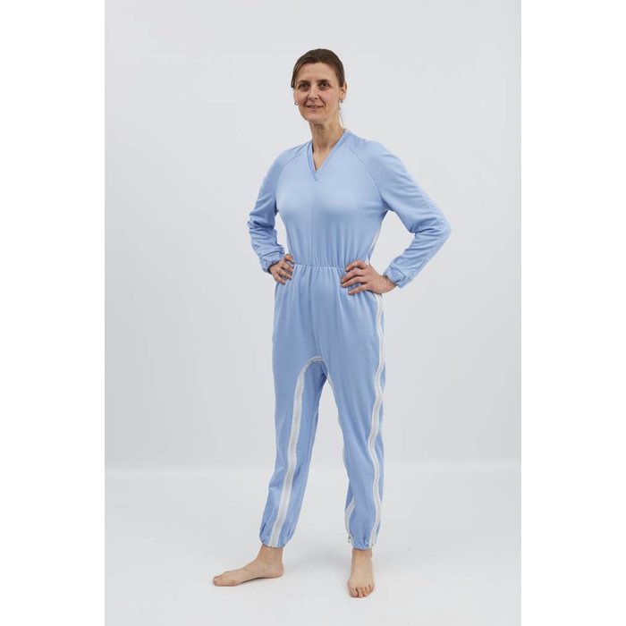 Light blue pajamas with zip fastening via the shoulder to the side seam and between the legs, elastic waist