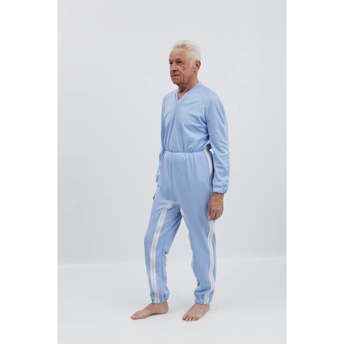 Light blue pajamas with zip fastening via the shoulder to the side seam and between the legs, elastic waist