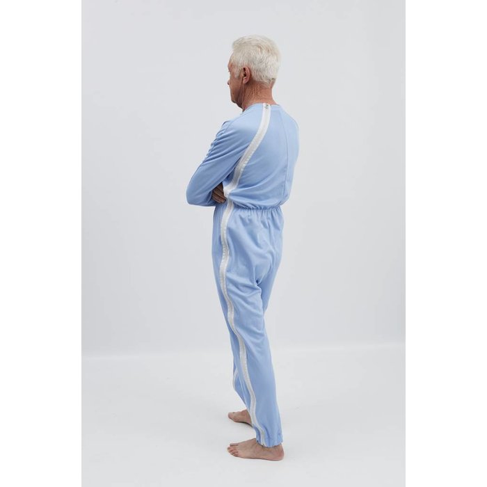 Light blue pajamas with zip fastening via the shoulder to the side seam and between the legs, elastic waist
