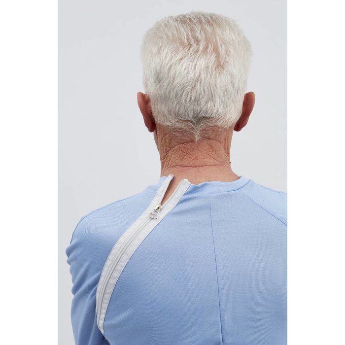 Light blue pajamas with zip fastening via the shoulder to the side seam and between the legs, elastic waist