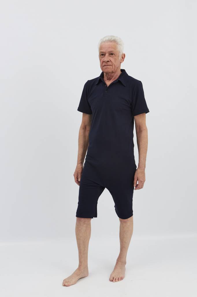 Navy blue polo with zipper between the legs