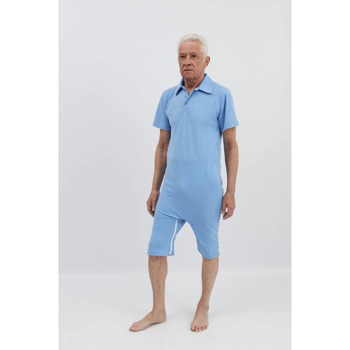 Light blue polo shirt with zipper between the legs