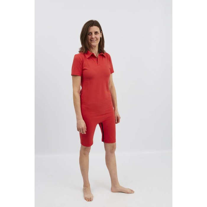 Red polo with zipper between the legs