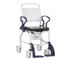 Height adjustable shower/toilet chair with swivelling and removable footrests