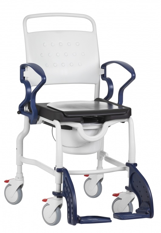 Height adjustable shower/toilet chair with swivelling and removable footrests