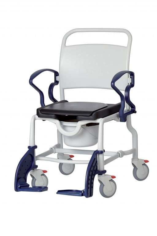 Height adjustable shower/toilet chair with swivelling and removable footrests