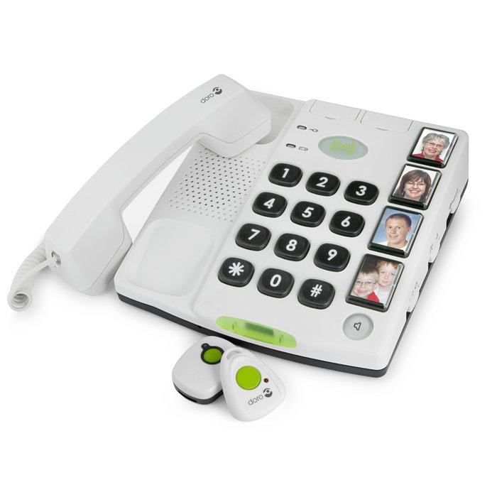Loud telephone with linked neck- and wrist alarm