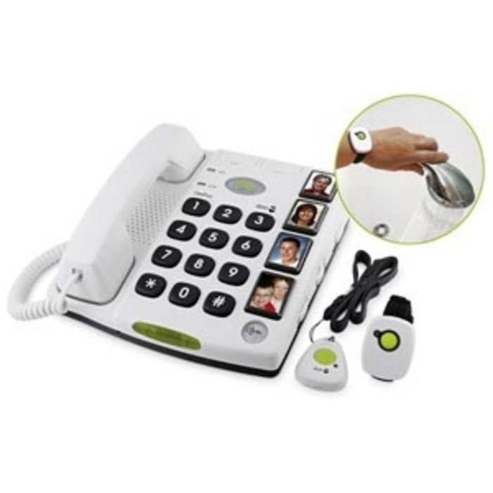 Loud telephone with linked neck- and wrist alarm